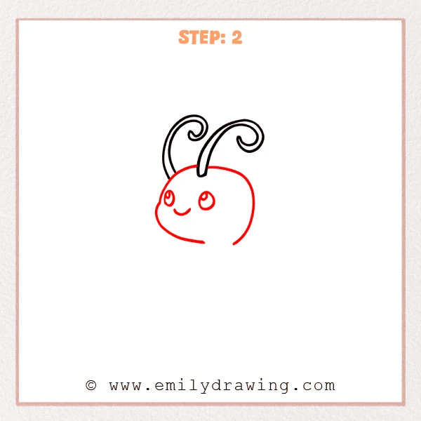how to draw a cartoon lobster - A cute cartoon lobster head is added beneath the curled antennae, with two oval eyes and a small smiling mouth.